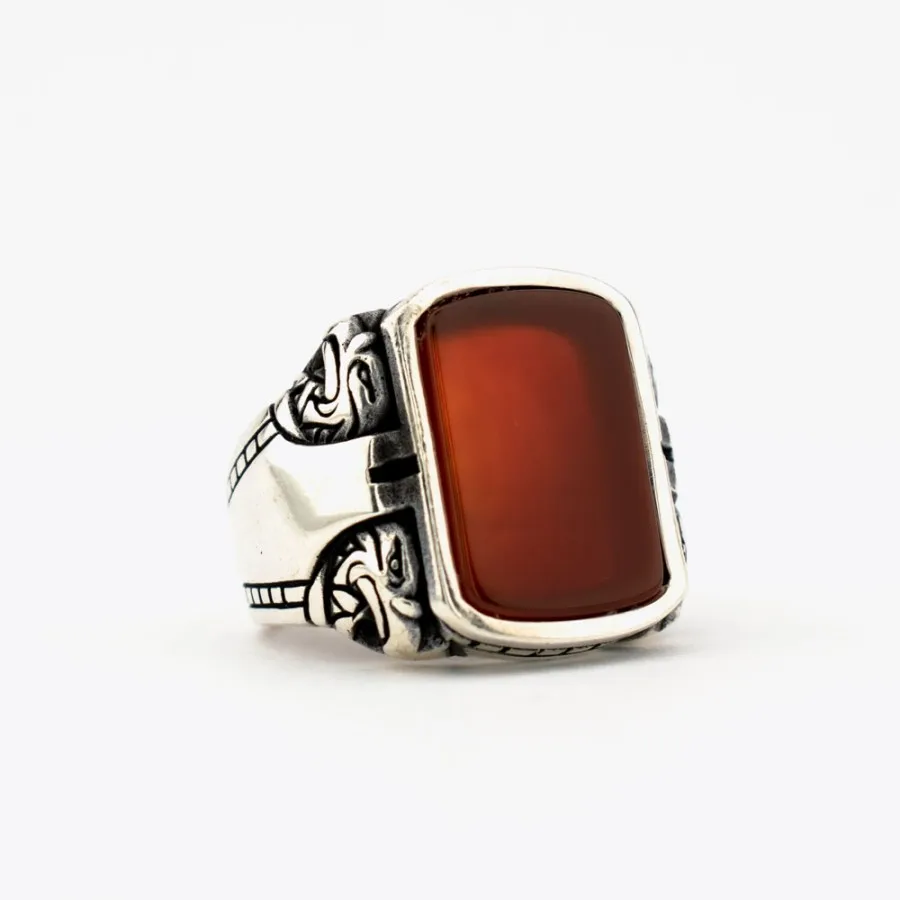 

New Authentic Sterling Silver Antique Turkish Rectangle Agate Double Eagle Master Hand Ring Men's Rustic Hallmarked Male Jewelry