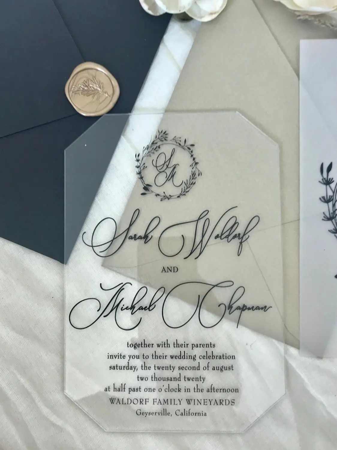 Clear Acrylic WEDDING INVITATIONS laser cut geometric plexiglass black white gold luxury modern calligraphy floral wreath botani