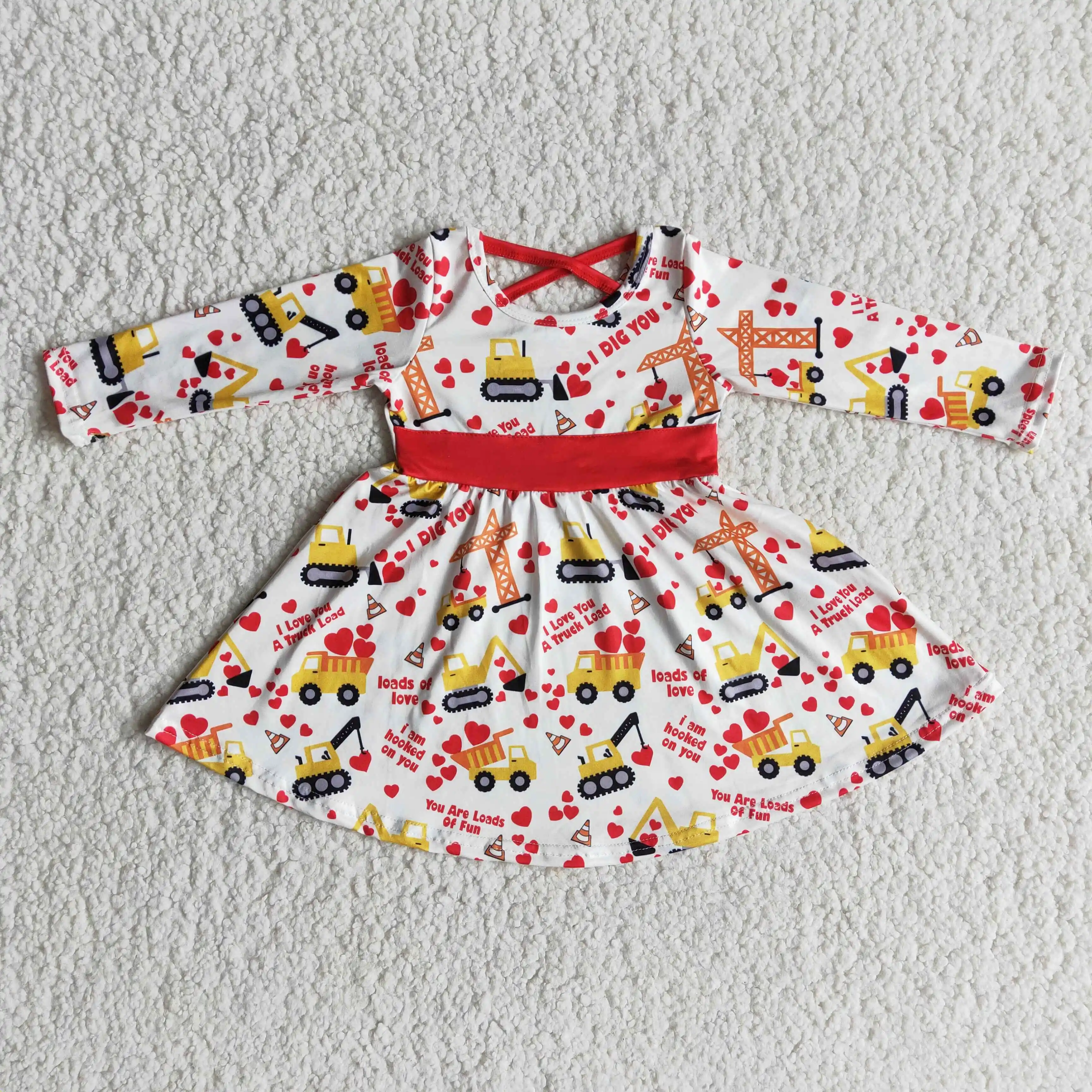

Boutique design girl long-sleeved dress love heart digging machine cart printing red waist sticker Valentine's day style dress