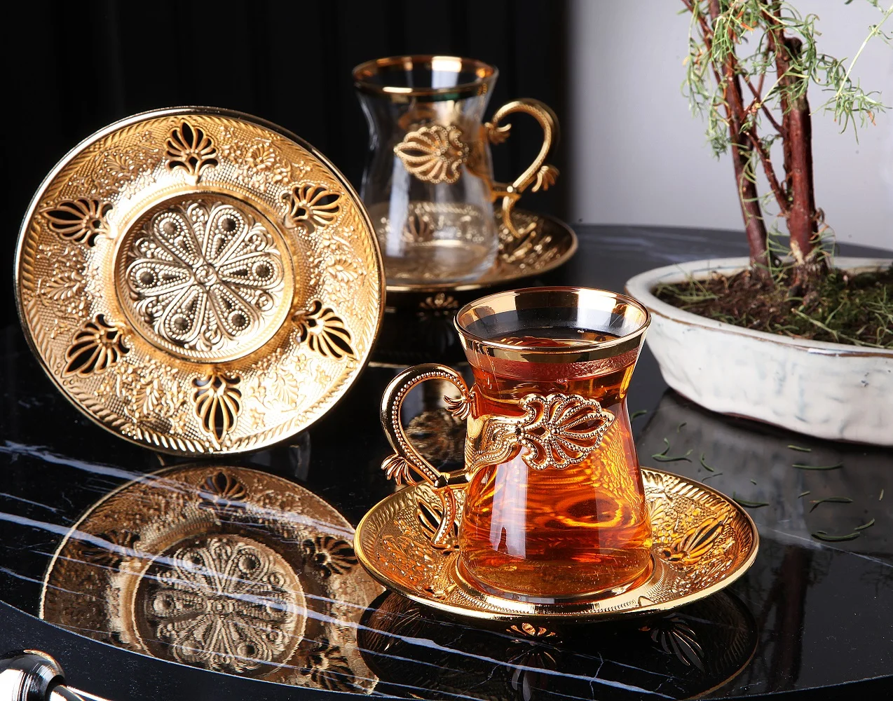 Turkish Tea Set For 6 Person 12 Pieces Gold Color