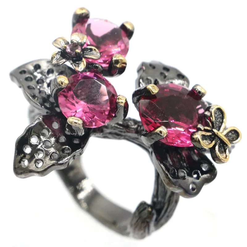 29x26mm New Statement 11g Neo-Gothic Flowers 11g Pink Tourmaline Black Gold Silver Rings Punk Style view 3