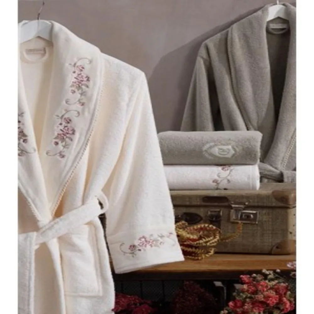 Lace Velvet Cotton Bathrobe Set 6 Pieces Women's Bathrobe: (S / M Size) Men's Bathrobe: (L / XL Size) Bath towel Hair Towel