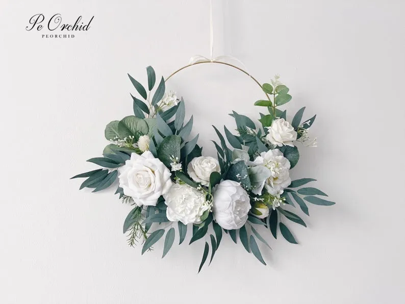 Peorquídea branco peônia hoop buquê de casamento boho personalizado eucalipto flores porta decorativa grinalda buquê de dama de honra anel