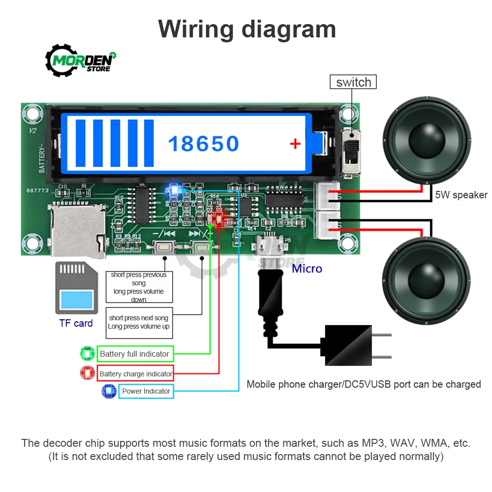 PAM8403 Amplifier Board 5W+5W 2.0 Channel Stereo Audio AMP with 18650 Battery Holder Support TF Card XH-A152 Tool Accessories