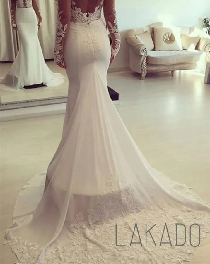 Custom Made Classic Mermaid Sheer Long Sleeves Appliques Wedding Dresses