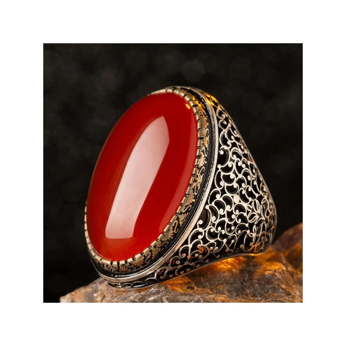 925 Sterling Silver Elegant Model Masterwork With Large Burgundy Agate Stone Men' Ring Exclusive Chic Accessory For Men