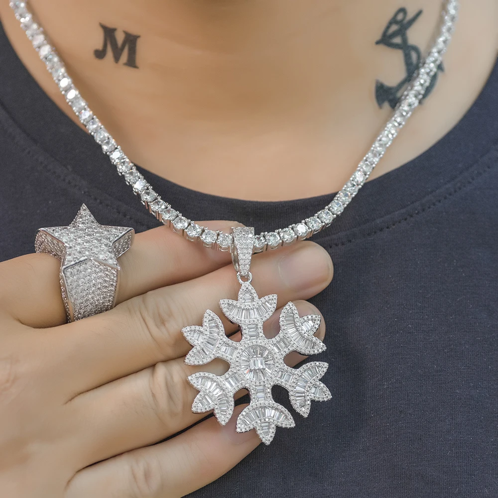 Iced Out Baguette Snowflake Necklace Dad Jewelry