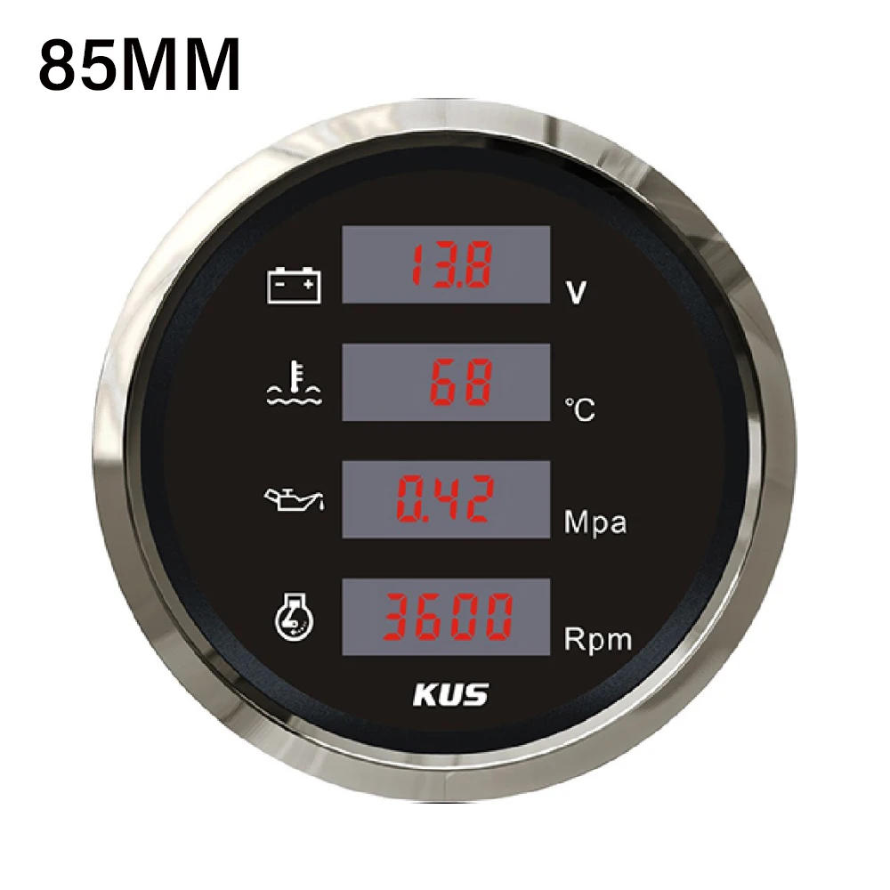 KUS 85mm Digital 4 in 1 Multi-function 8000RPM Tachometer Water Temp Oil Pressure 0-1Mpa Voltmeter Red Backlight 9-32V