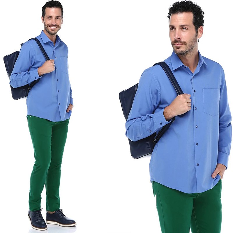 Varetta Blue Men Shirt Cotton Solid Long Sleeve Office Formal Dresses Solid Shirt Casual Woven Top Shirts Comfortable Chemise Homme Blue