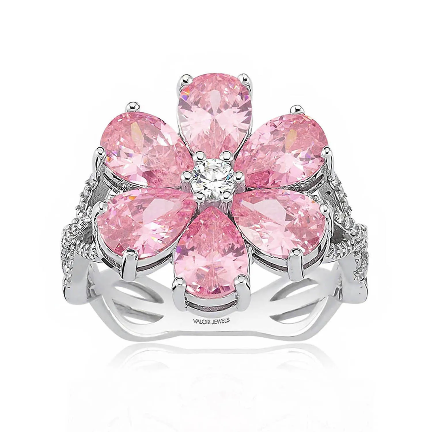 Valori Jewels Magnolia Flower Ring, 4 Ct Zircon Pink Pear Gemstone, Rhodium Plated, 925 Silver, Fine Jewelry