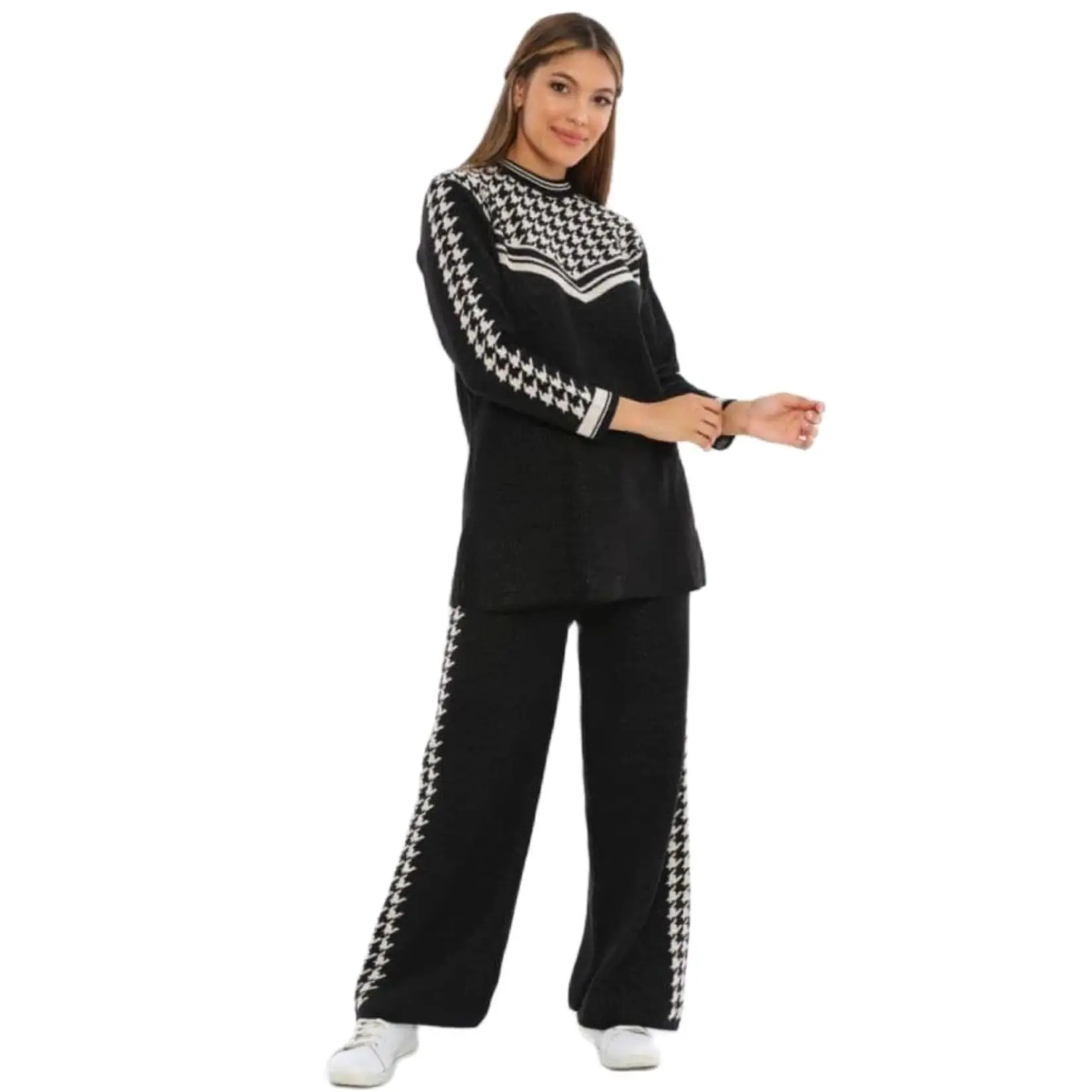 2 Piece Women's Sports Set Crowbar Patterned Long Sleeve Sweater and Baggy Big Size Pant Sportive Set One Size Turtleneck Turkey