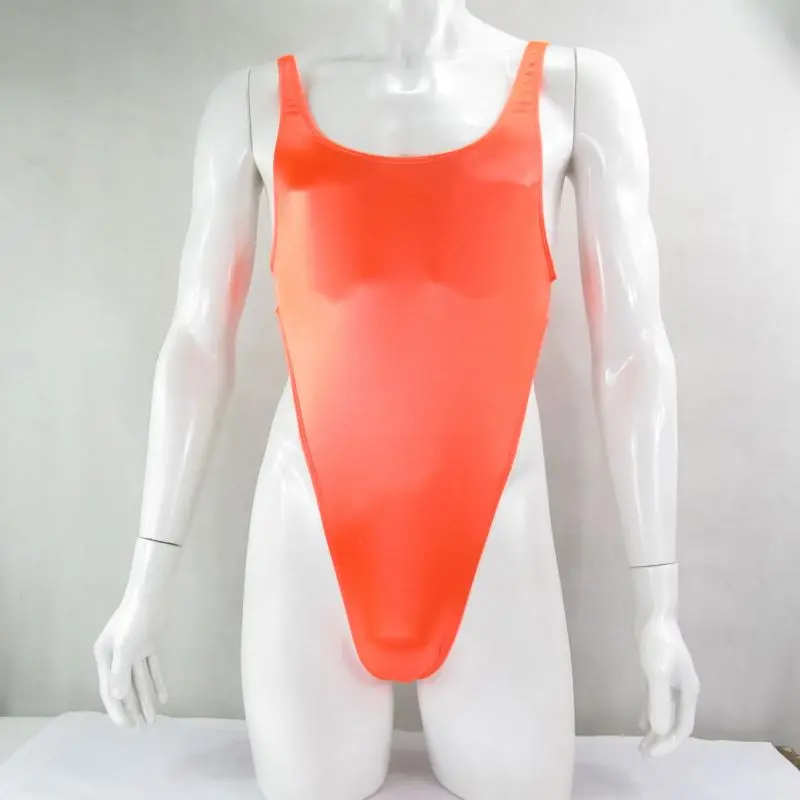 G528Y Mens bodysuit Thong Leotard U neck Back Nylon spandex shiny Satin Thin Stretchy