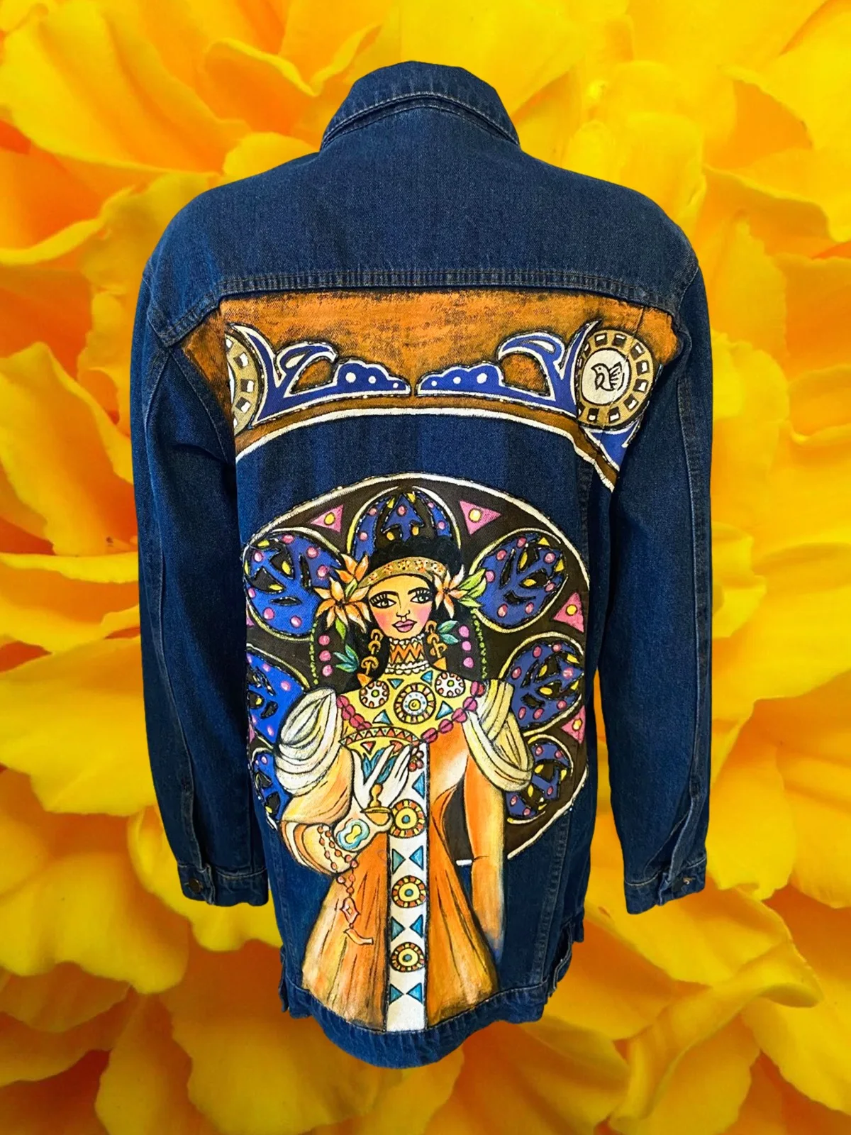 2022 Fashion Handmade Crystal Stone Embroided Princess Figure Hand-painted Long Colorful Women Jean Denim Jacket