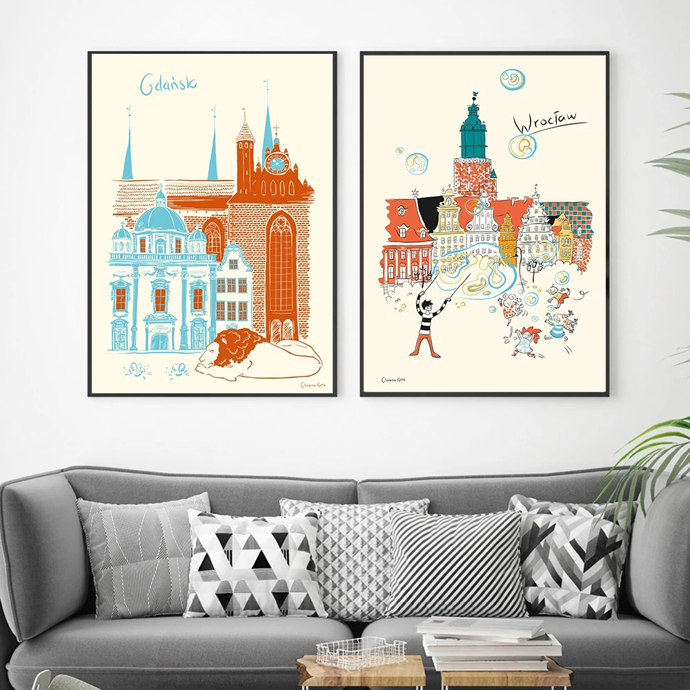 Cartoon Gdansk Building Posters and Prints Nursery Wall Art Canvas Painting Decorative Picture for Living Room Home Decoration