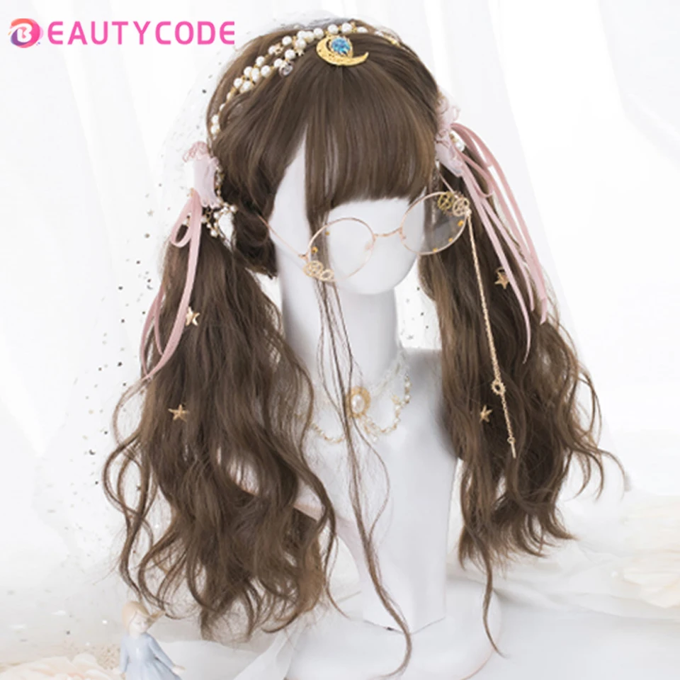 BEAUTY Lolita Synthetic Hair Wigs For Women Long Wave Blonde Black Pink Wig With Bangs Cosplay Halloween High Temperture Fiber