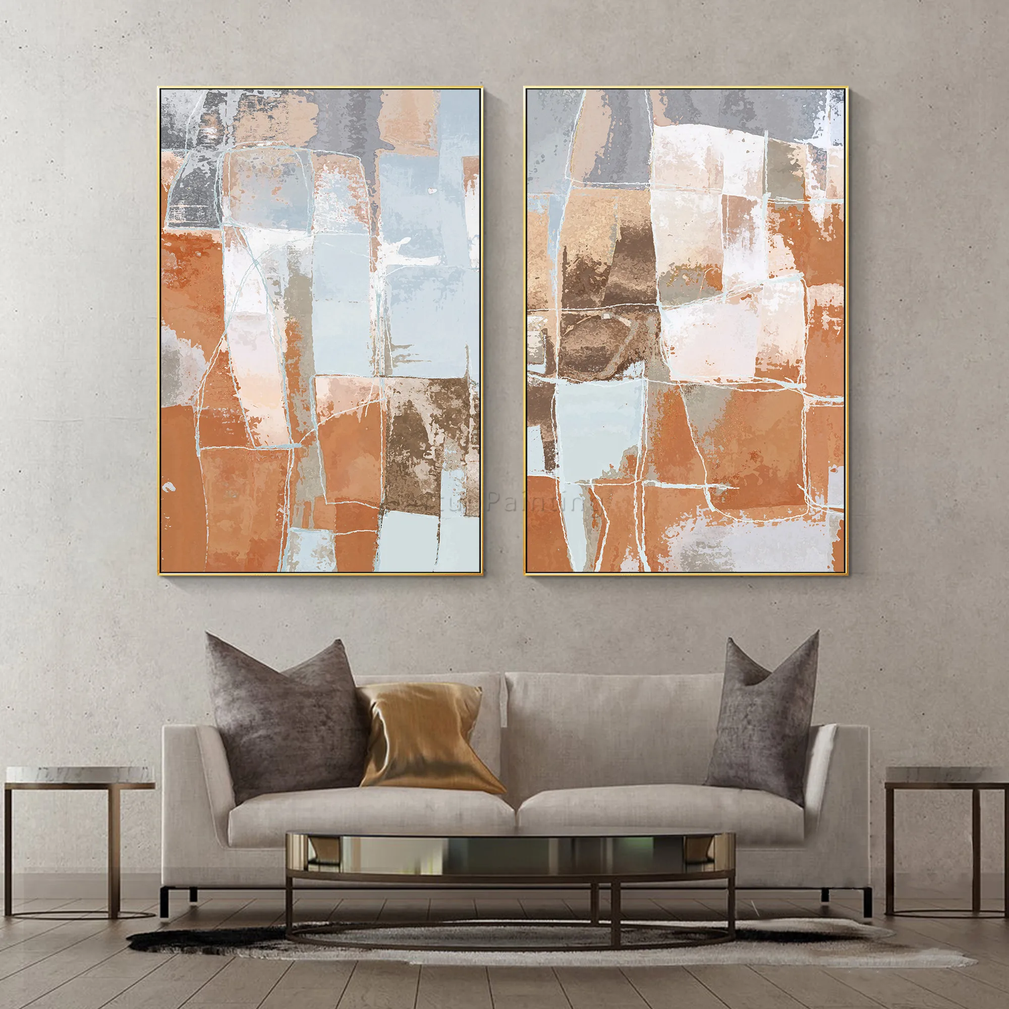 Set of 2 Modern abstract White light blue brown Hand painting on canvas wall art pictures for living room decoracion wall poster