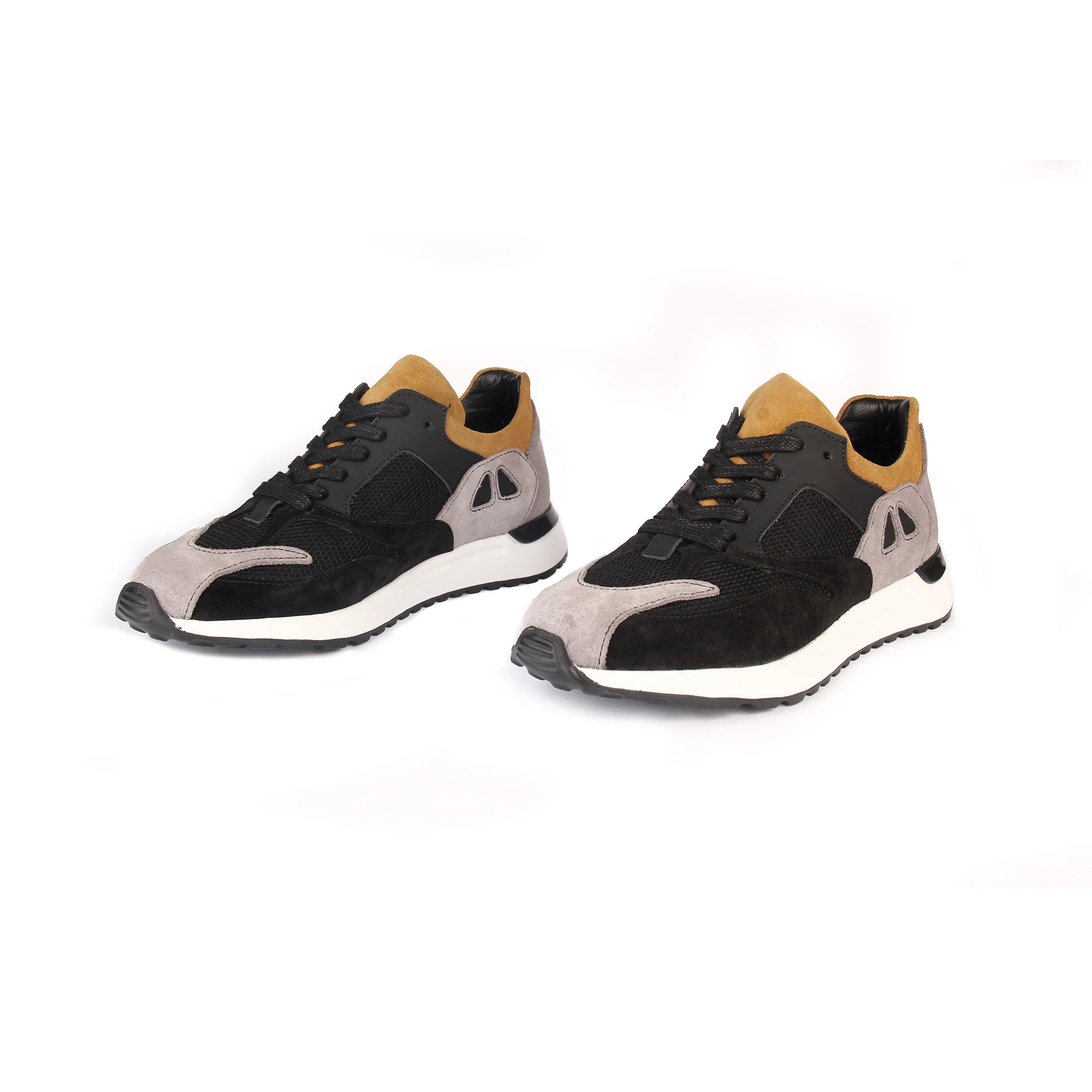 

Handmade Sport Sneakers with Lightweight EVA Sole, Black Gray Mustard Real Calfskin Suede, Men's Casual Running Shoes