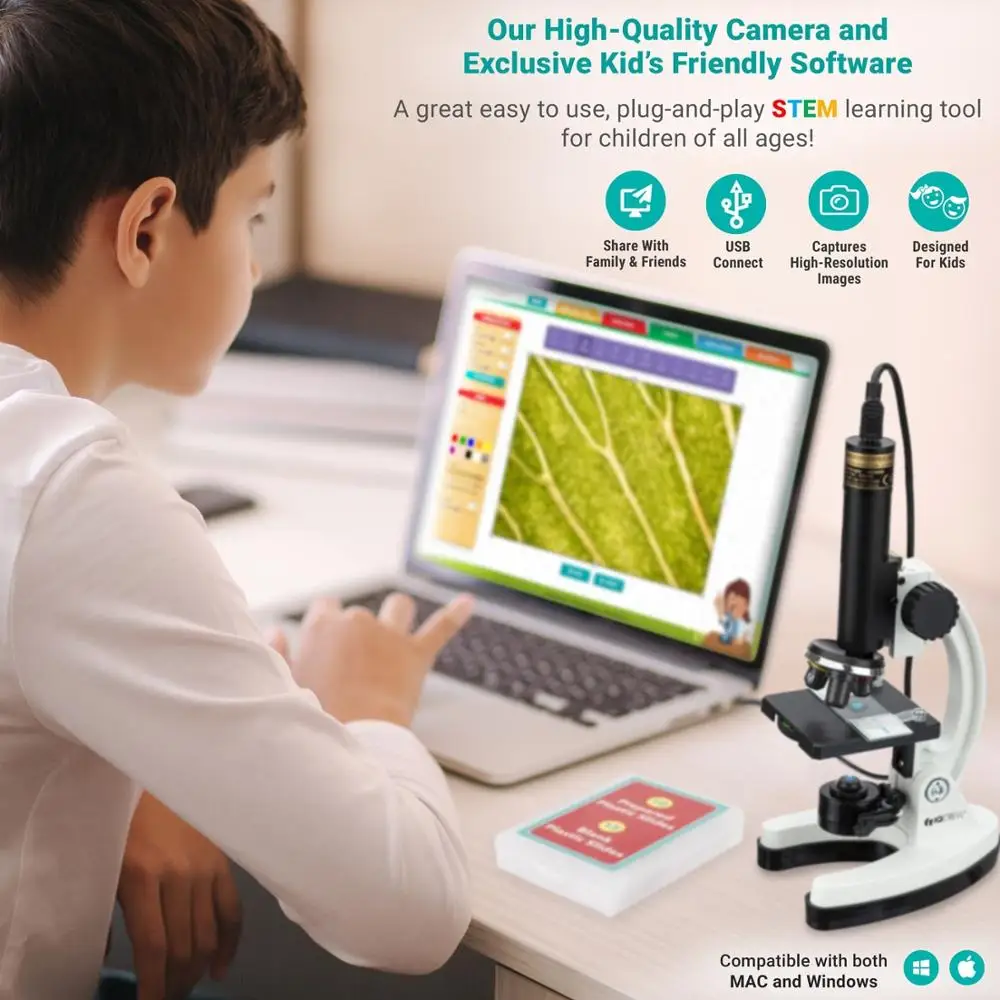 IQCREW by Amscope 120X – 1200X Kid’s 85+ Piece Premium Microscope, Color Camera and Interactive Kid’s Friendly Software Kit