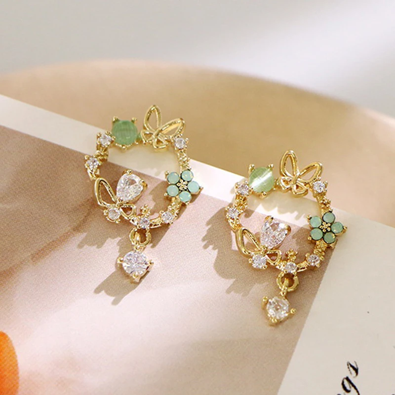 Korean Exquisite Crystal Leaves Circle Stud Earrings For Women Shiny Rhinestone Zircon Earring Luxury Wedding Party Jewelry Gift