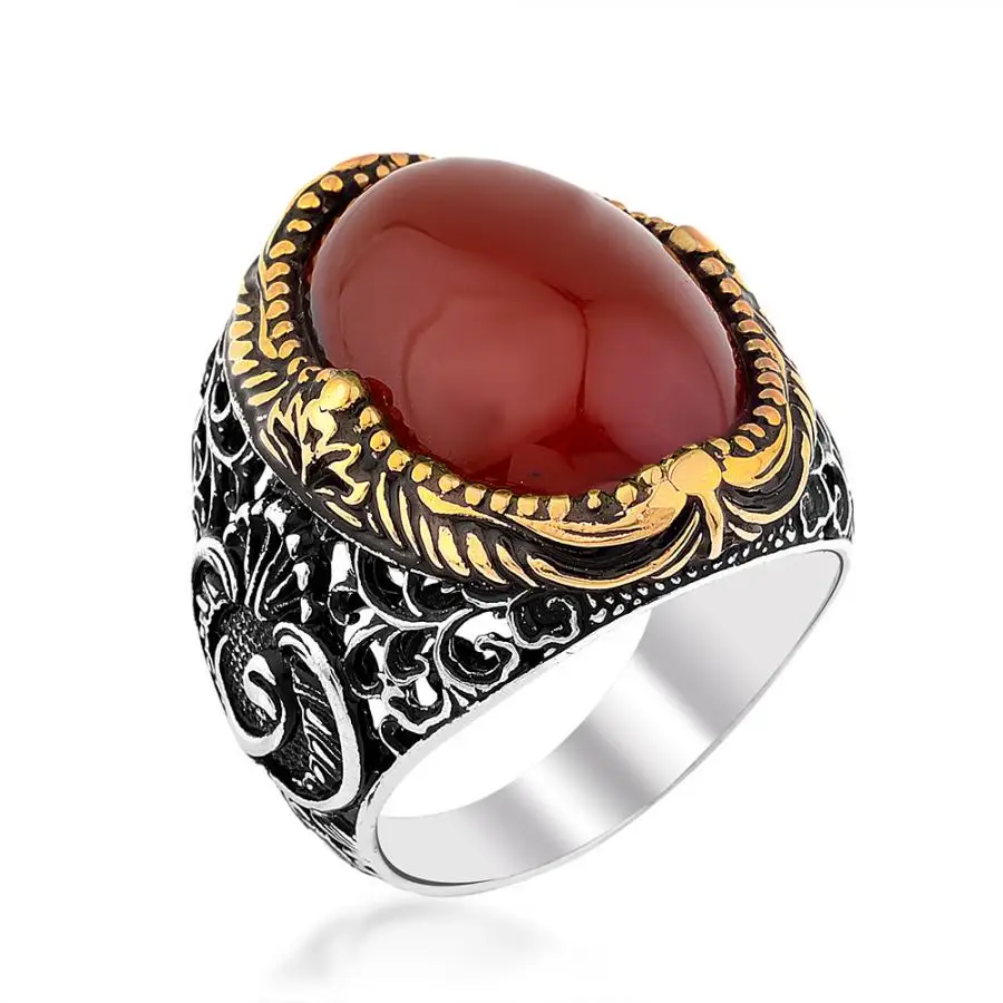 

Symmetrically Inlaid Silver Mens Ring with Burgundy Agate Stone Fashion Turkish Premium Quality Handmade Jawelery