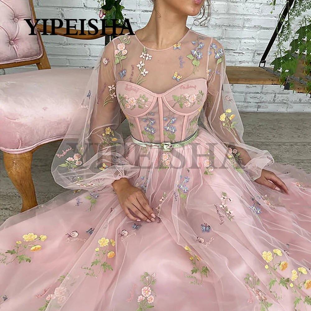 Vestidos De Noche transparentes con cuello redondo personalizados, batas De fiesta De manga larga acampanadas, tren De barrido, vestido De fiesta De princesa rosa, Vestidos F