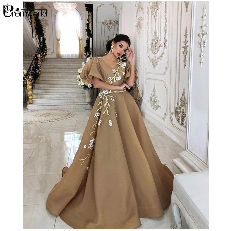 Elegante Brown A-Line Dubai Muslimischen Abendkleider Puffy Kurzen Ärmeln Lange Prom Kleider mit Blumen Robe De Soiree Formale Kleid