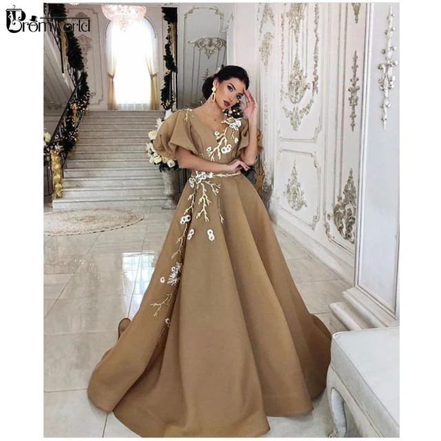 Eleganti abiti da sera musulmani Dubai A Line marroni abiti da ballo lunghi a maniche corte gonfi con fiori abito formale Robe De Soiree AliExpress