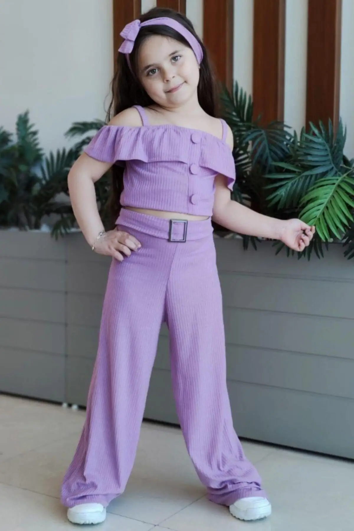 Female Child Lilac Stylish Lines Bottom Top Suit buckle bandana pants female birthday special day school