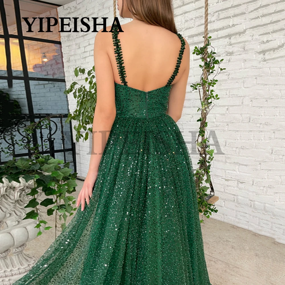 Glittery A-lijn Eevening Jurken V-hals Backless Spaghetti Strap Lovertjes Moderne Groene Bruidsjurk Robes De Soiree فساتين السهرة