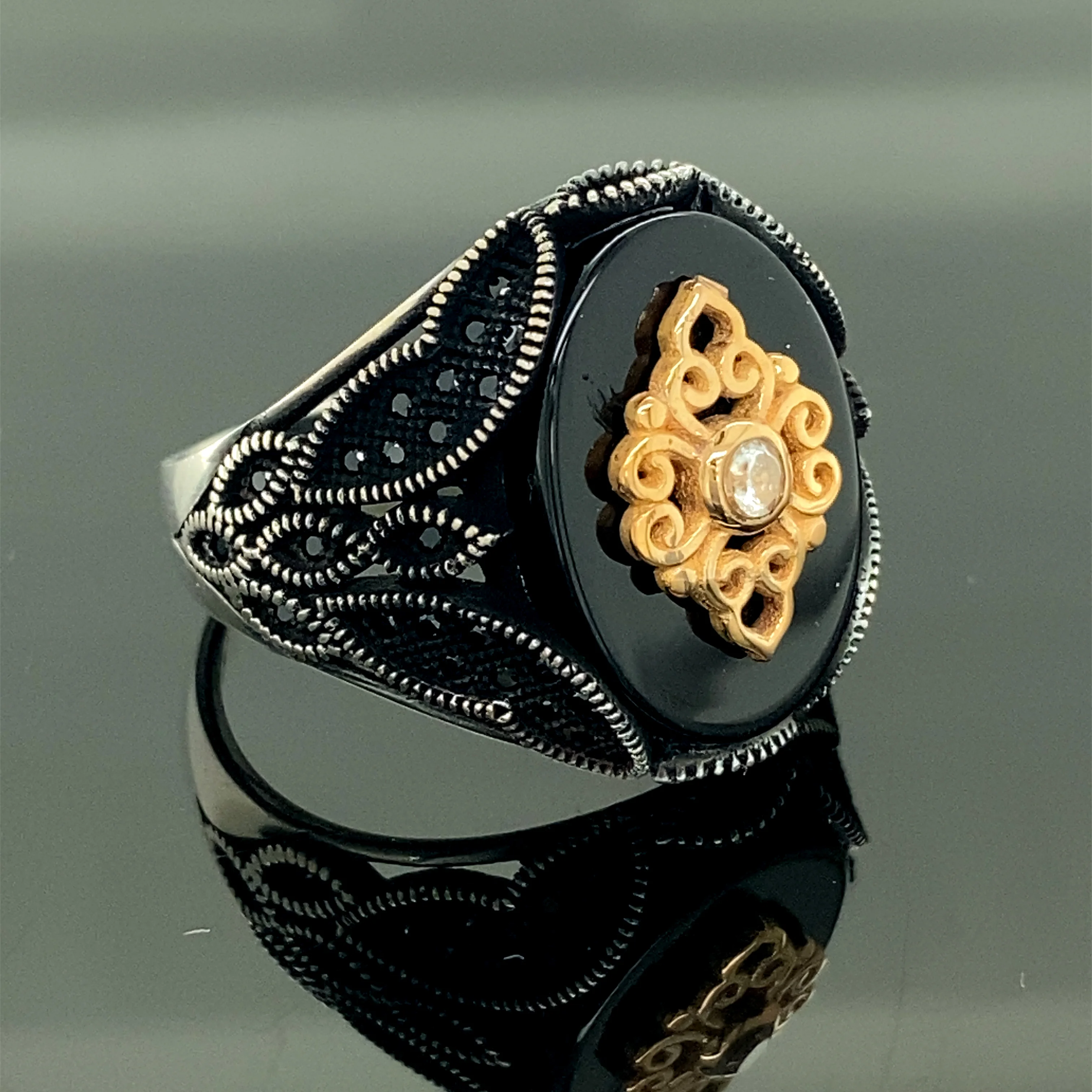 925 Sterling Silver Onyx Stone Men Ring, Embroidered Ottoman Jewelry Handmade