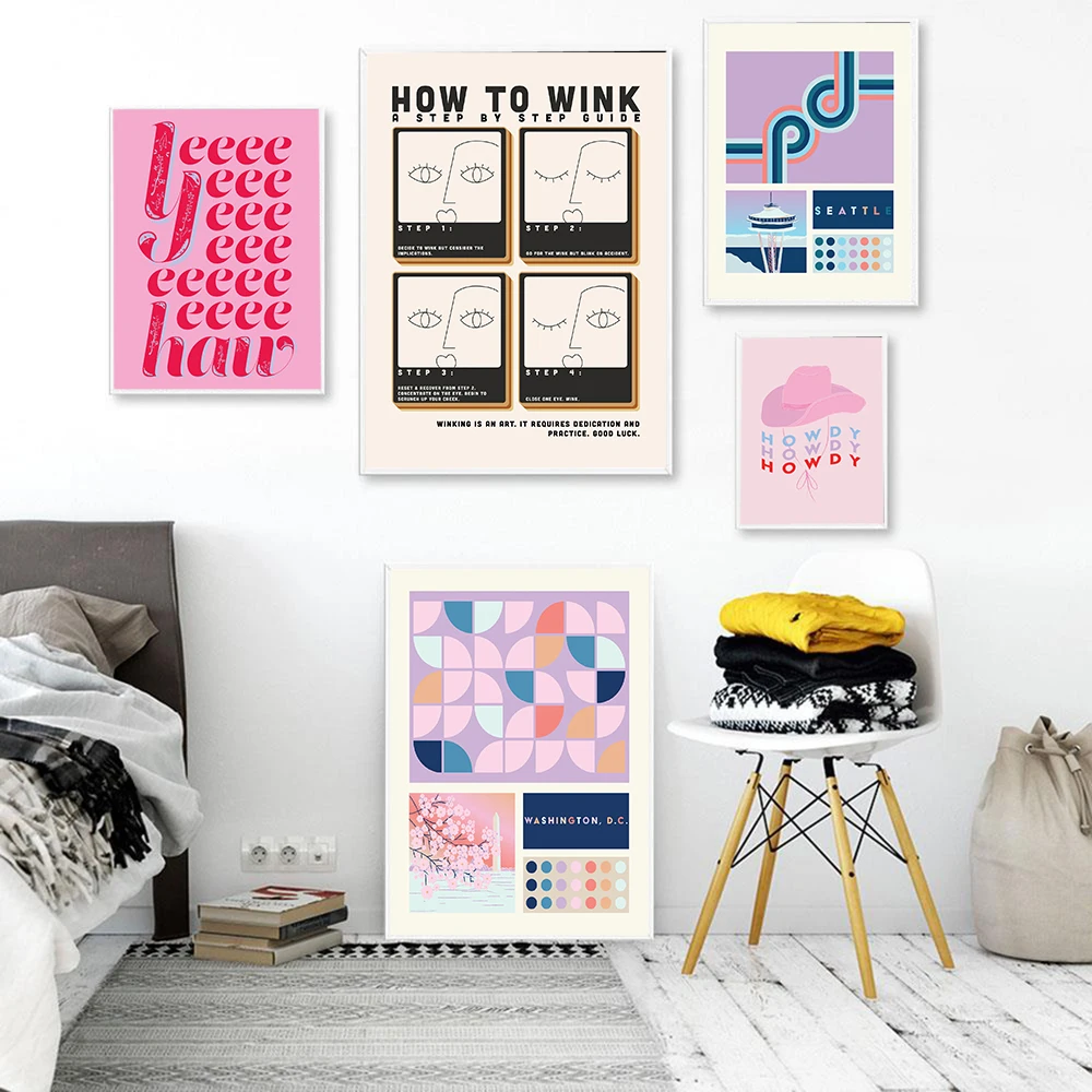 Vibes Abstract Art Pink Quote Poster Print London Groovy Retro Cowboy Moon Landscape Canvas Painting Children's Living Room Home
