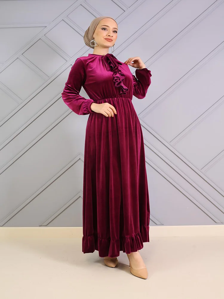 

Elastic Sleeve And Waist Velvet Fabric Women Hijab Evening Dress 2022 New Muslim Fashion Islamic Clothing 3 Color Options Abaya