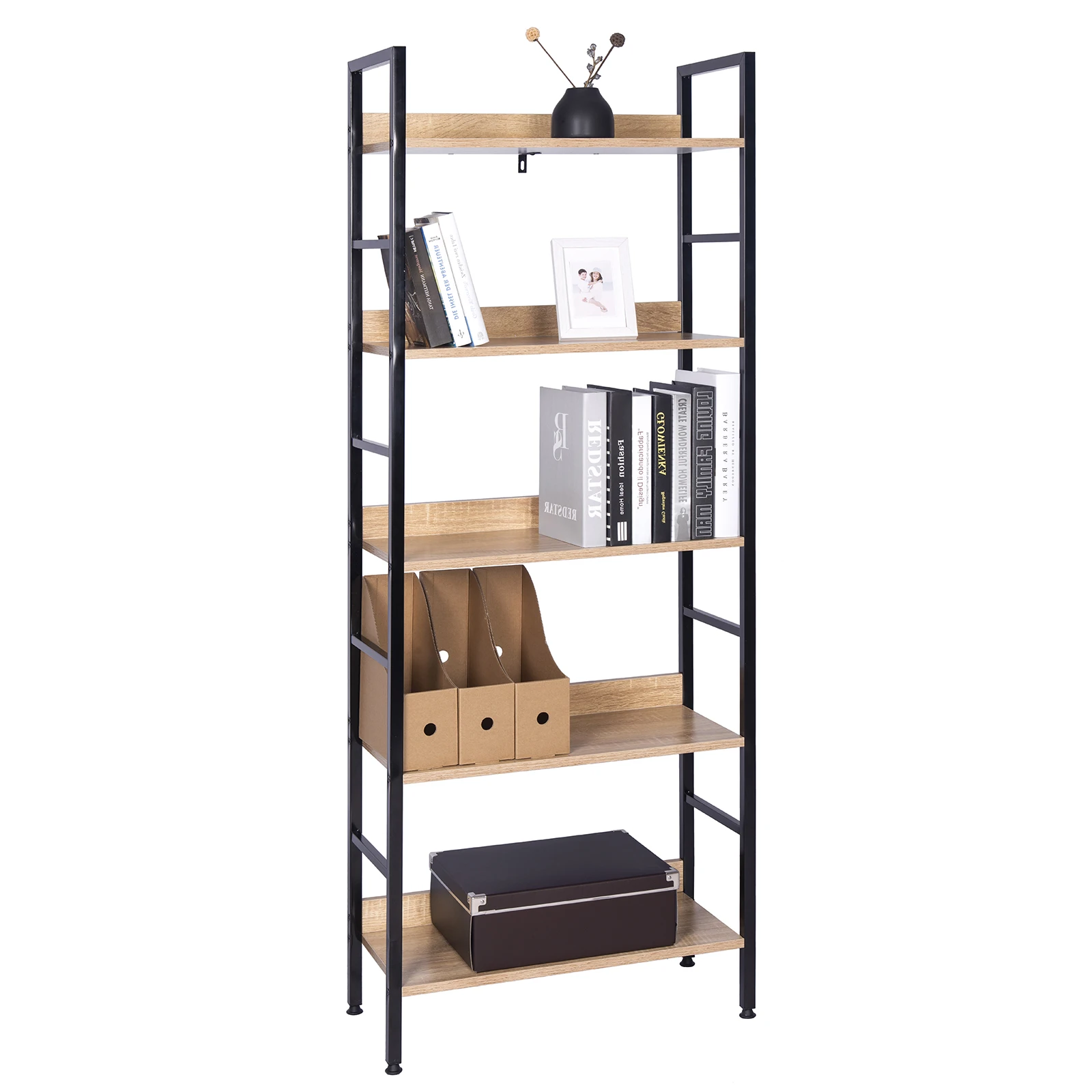 5-tier Wooden Bookshelf Bookcase Upright Shelving Unit Shoe Rack Bathroom Cupboard Flower Stairs Storage Organizer Display