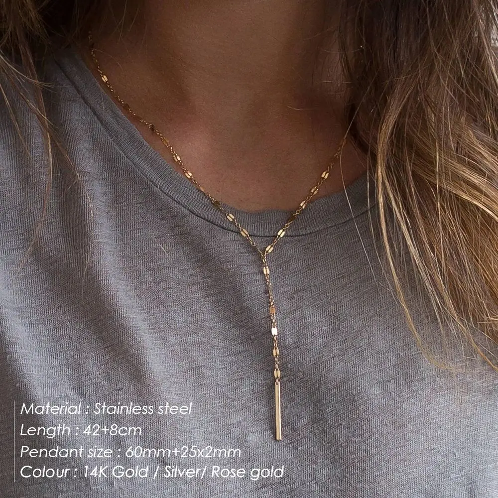 SUNIBI 316L Stainless Steel Pendant Necklace for Women Simple Long Lariat Chain Vertical Minimalist Bar Dangle Necklaces Jewelry