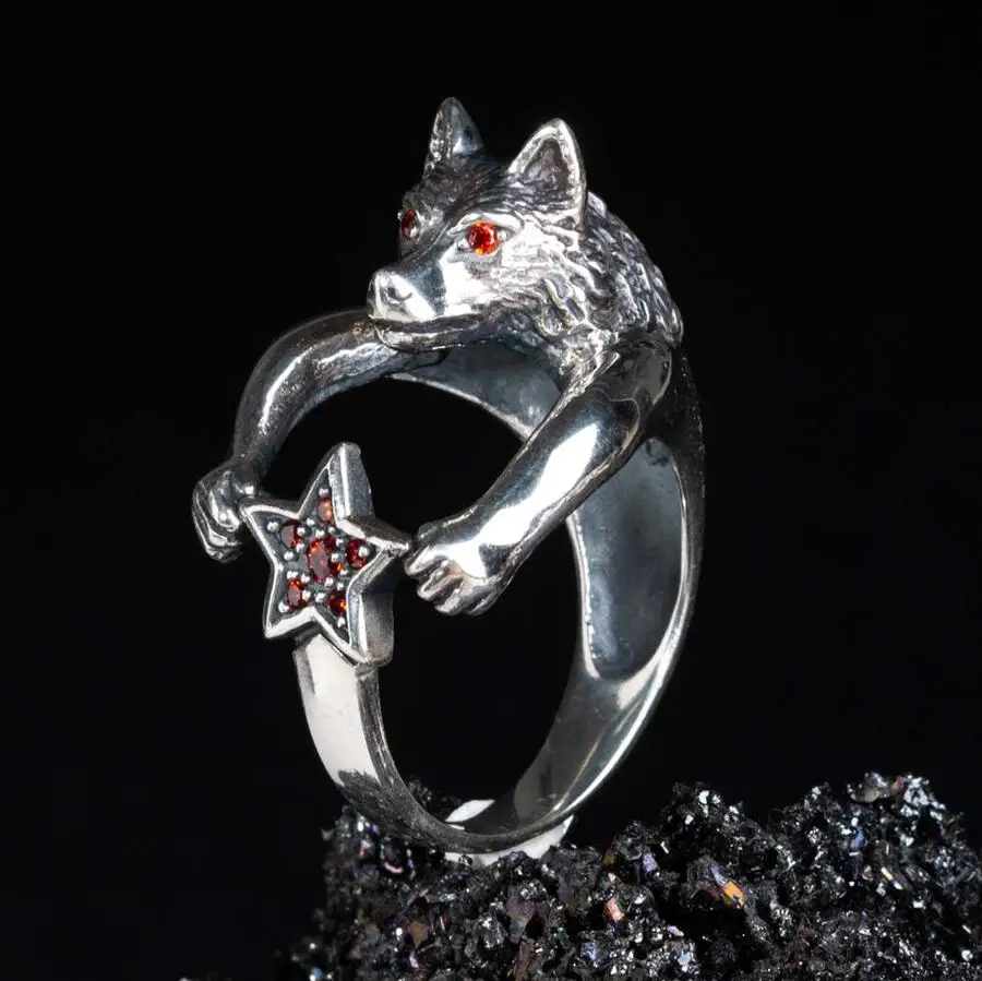 

3D Wolf Silver Men's Ring with Mini Red Stones Fashion Turkish Premium Quality Handmade Jawelery