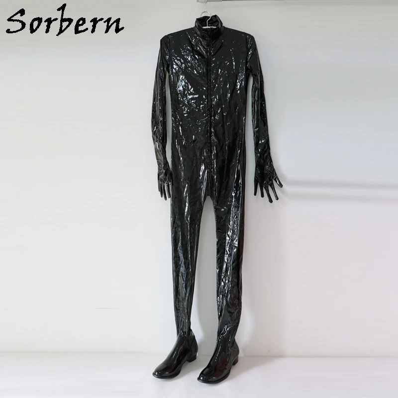 Sorbern Custom Cat Suit buty krocza z rękawiczkami wysokie obcasy podwójne zamykane na zamek duże Streched Bodywear Bdsm buty Pointy Toe