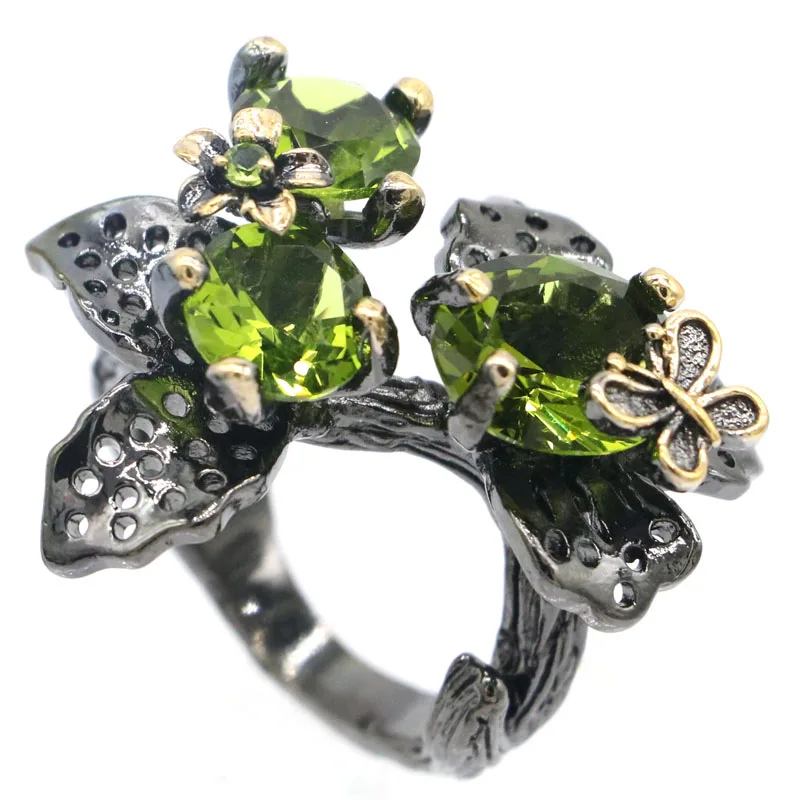 29x26mm New Statement 11g Neo-Gothic Flowers 11g Pink Tourmaline Black Gold Silver Rings Punk Style view 4