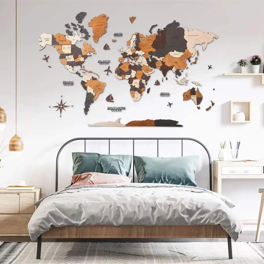 New World Atlas Decoration Globe Wood Wallsticker for DIY Kids Wall Decor 3D for Children Bedroom Dorm Decor with Flag Push Pins