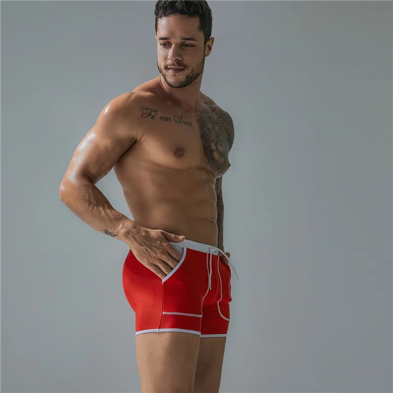 Men's Solid Color Four Corner Swimming Trunks Lanyard Flat Angle Close Fitting Nylon Swimming Trunks Hot Spring Shorts