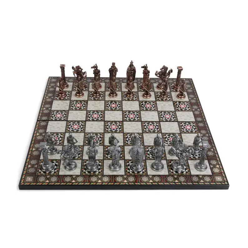 Royal British Army Antique Copper Metal Chess Set for Adults, handmade Pieces and Mosaic Design Wooden Chess Board King 8 cm