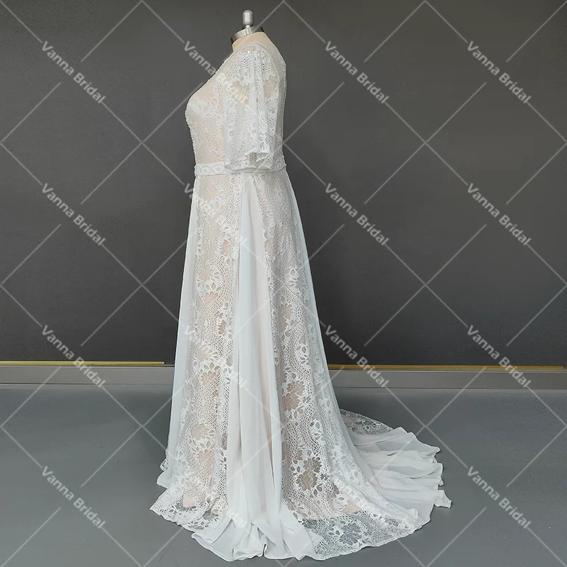 Fotos reais do laço país barco pescoço vestidos de noiva chiffon mangas curtas beading praia uma linha feito sob encomenda destino vestido de casamento