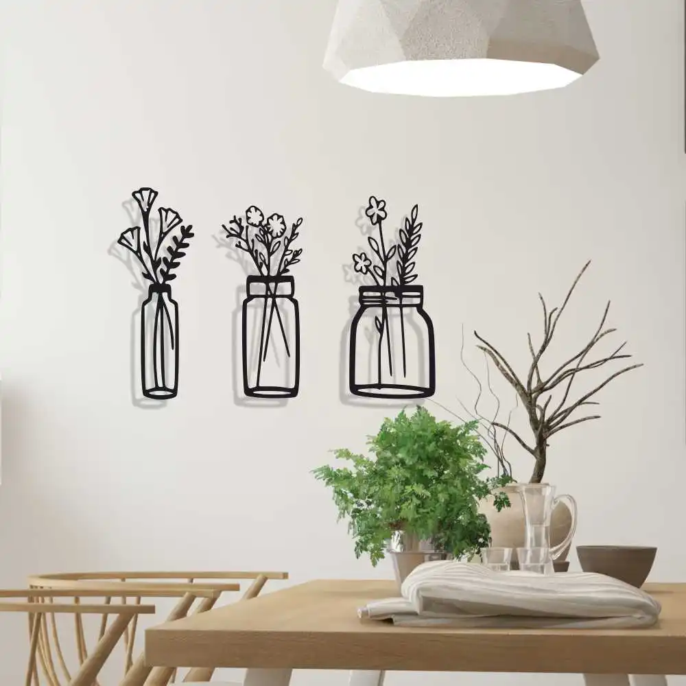 Thorqtech Spring Flowers 3'lü Vase Decorative Metal Wall Chart, Free Shipping, Home Office Decoration,