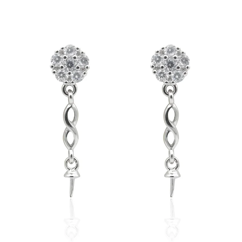 2pcs 925 Sterling Silver Ear Stud Dangle Earings Settings Platinum Plated  With Zirconia  6mm Fit For Half Drilled Beads