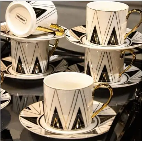 

DOLBOVI Symbol 6 Person Porcelain Black White Triangle Coffee Cup Kit Set 12 Piece teaware cup tea handmade bowl beautiful mugs turkish tea set vintage Saucer creative Latte Cup free shipping products service coffee We