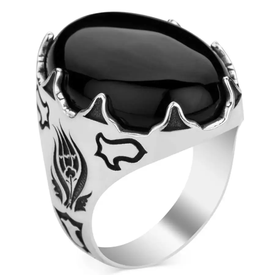 Silver Tulip Motived Mens Ring with Black Onyx Stone Fashion Turkish Premium Quality Handmade Jawelery