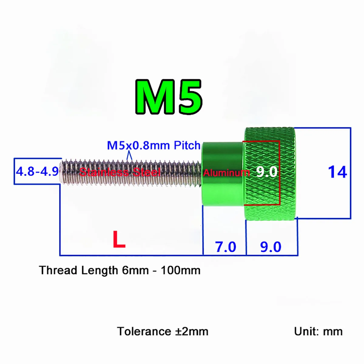 2 قطعة متري M5 بأكسيد الألومنيوم عالية خطوة الإبهام مسامير 14x9 مللي متر مخرش رئيس اليد تشديد المسمار خيط من الفولاذ المقاوم للصدأ 6-100 مللي متر