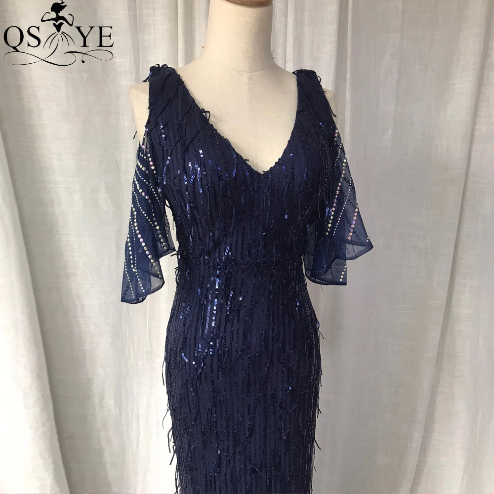 Navy Sequin Evening Dresses Tassel Mermaid Party Gown Short Batted Side Sleeves Stretchy V Neck Fringe Blue Formal Prom Dress