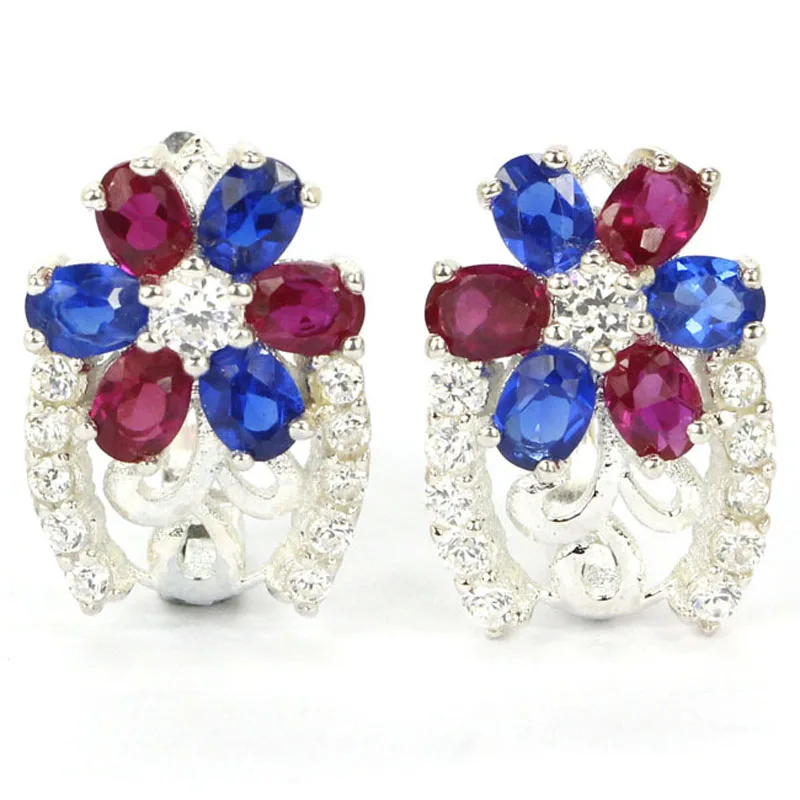 18x12mm Jazaz 4.3g Real Blue Sapphire Red Ruby Violet Tanzanite Pink Sapphire Flowers Cubic Zircon 925 Sterling Silver Earrings