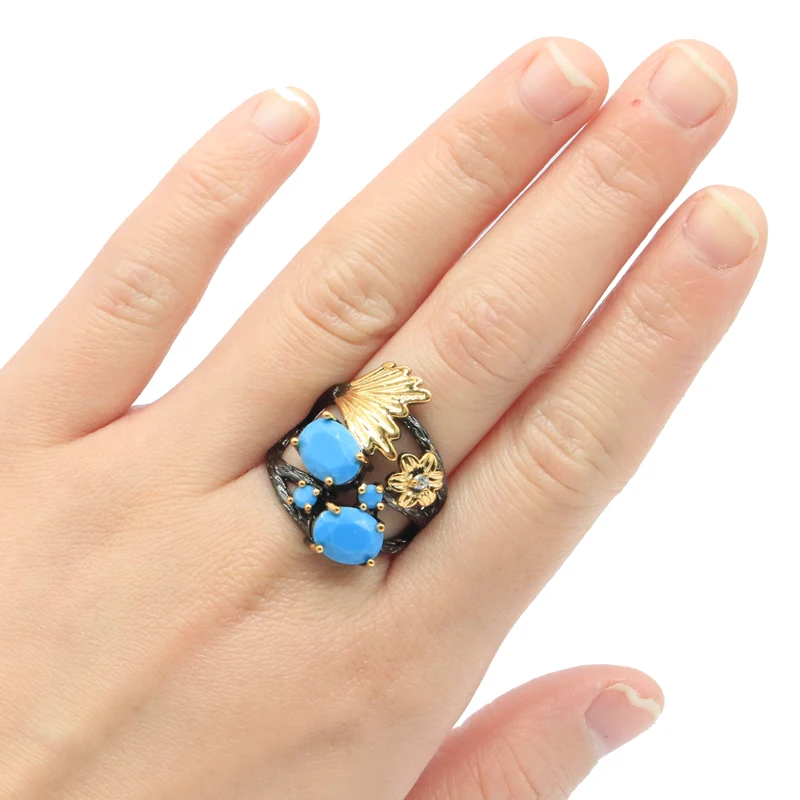 Buy 4 Get 1 Free 25x20mm Neo-Gothic 6.2g created Tourmaline Tanzanite Peridot Blue Turquoise Black Gold Silver plated Rings view 5