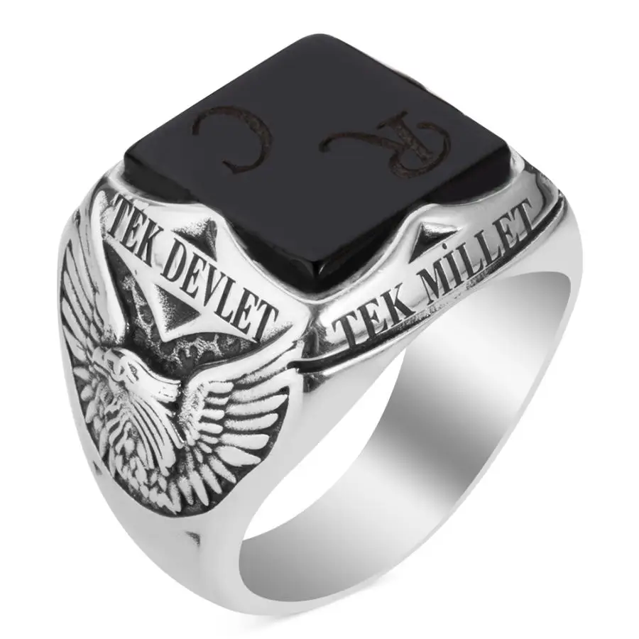 

Personalized Silver Ring Black Onyx Stone Square Hawk Style Vintage Hand Carved Men Jewelry 925 Sterling Quality Charming New